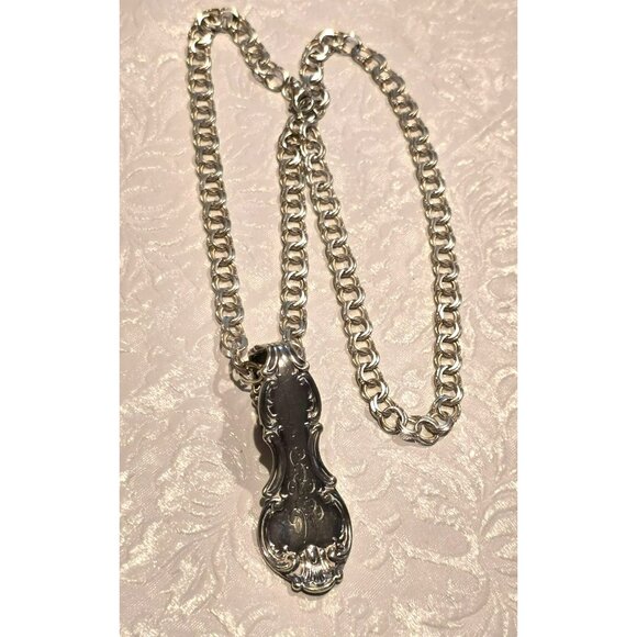 Vintage Sterling Silver Spoon Handle Pendant Necklace Double Curb Chain HS106 - Picture 2 of 11